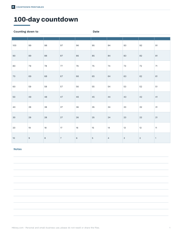 Preview of Printable 100-Day Countdown Chart