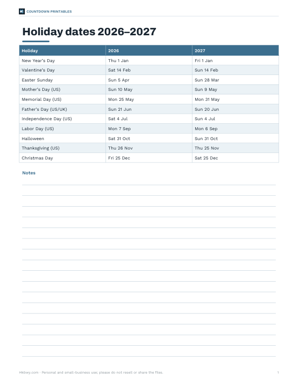 Preview of Printable Holiday Dates 2026-2027