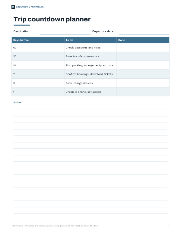 Preview of Printable Trip Countdown Planner